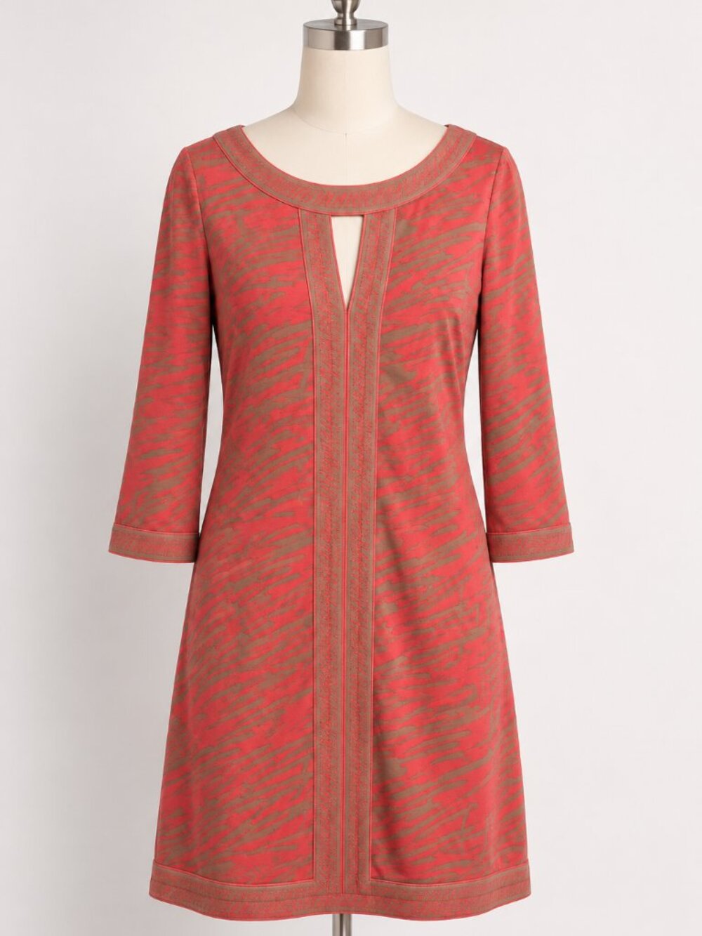 BCBG Max Azria Dress XS Coral Taupe Abstract Print Shift Dress 3/4 Sleeve
